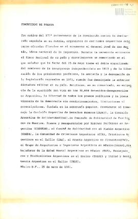 Comunicado de prensa de la Comisión Argentina de Derechos Humanos (CADHU)