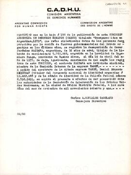 Certificado de la Comisión Argentina de Derechos Humanos sobre Oscar Jerónimo Maidana