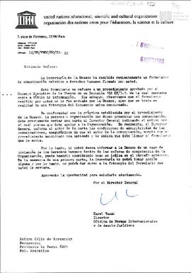 Carta de la Organización de las Naciones Unidas para la Educación, la Ciencia y la Cultura a Celi...