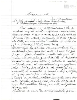 Fotocopia de borrador de carta de Celia Jinkis de Korsunsky a la Prefectura Naval Argentina