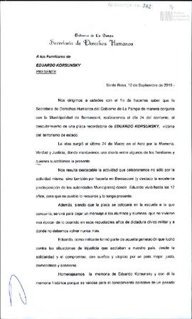 Carta de la Secretaría de Derechos Humanos de La Pampa para familiares de Eduardo Sergio Korsunsky