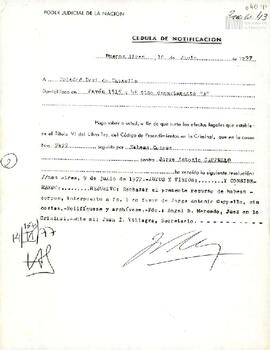 Cédula de notificación del Poder Judicial de la Nación a Soledad Davi de Capello