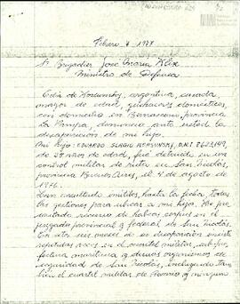 Fotocopia de carta de Celia Jinkis de Korsunsky al Ministro de Defensa de la Nación