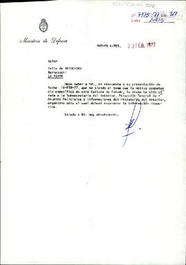 Carta del Ministerio de Defensa de la Nación a Celia Jinkis de Korsunsky