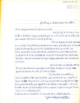 Carta de Juan Adolfo del Sacramento para los organismos de solidaridad