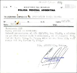 Telegrama de la Policía Federal Argentina para Celia Jinkis de Korsunsky