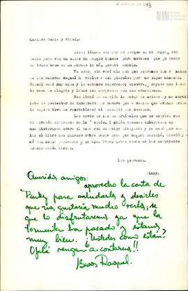 Carta de Raquel y Juan Carlos Pumilla para Celia Kinkis de Korsunsky y Moisés Korsunsky