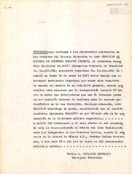 Certificado de la Comisión Argentina de Derechos Humanos sobre Alejandro Baldovin