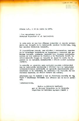 Carta de Carlos González Gartland para la Juventud Argentina en el Exilio (JAE)