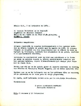 Rendición de egresos de la sede México de la CADHU del mes de agosto de 1980