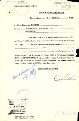 Cédula de notificación a Celia Jinkis de Korsunsky
