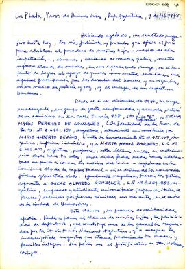 Carta de Elena Delorenzo de Pereiro, María Corina Grodotista de Depino, Virginia del Carmen Barbe...