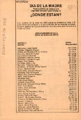 Solicitada de Madres de la zona de Bahía Blanca en ocasión del día de la madre