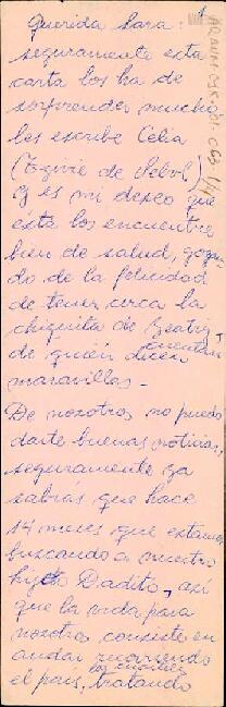 Borrador de carta de Celia Jinkis de Korsunsky a Sara
