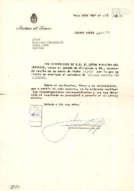 Carta del Ministerio del Interior a Cayetano Pellegrino