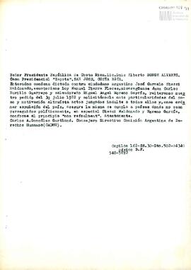 Carta de Carlos González Gartland para el Presidente de la República de Costa Rica, Luis Alberto ...