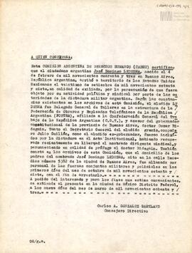 Certificado de la Comisión Argentina de Derechos Humanos sobre José Domingo Ledesma