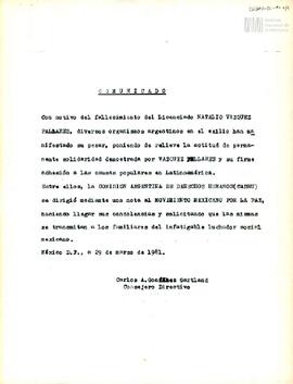 Comunicado de prensa de la Comisión Argentina de Derechos Humanos (CADHU)