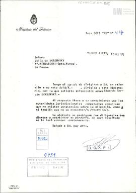 Carta de la Dirección General de Asuntos Políticos e Información a Celia Jinkis de Korsunsky