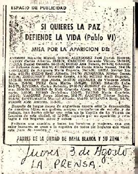 Aviso para misa por personas detenidas desaparecidas