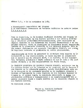 Carta de Carlos González Gartland para Convergencia Democrática del Uruguay y a la Conferencia Pe...