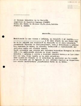 Carta de cesión de derechos de autor a la Comisión Argentina de Derechos Humanos (CADHU)
