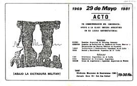 Folleto de convocatoria al acto "En comemoración del Cordobazo de 1969: Apoyo a la clase obe...