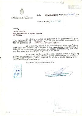 Carta del Departamento de Seguridad del Ministerio del Interior a Celia Jinkis de Korsunsky