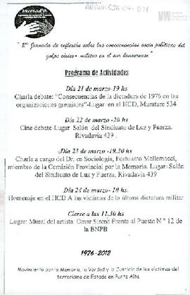 Programa de actividades del Movimiento por la Memoria, la Verdad y la Justicia de las víctimas de...