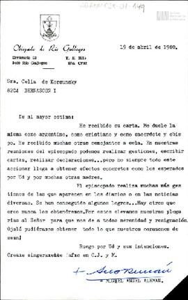 Carta del Obispo de Río Gallegos a Celia Jinkis de Korsunsky