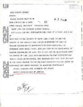 Carta del Director por Canadá de United Steelworkers of America, Gerard Docquier Natl, para el Pr...