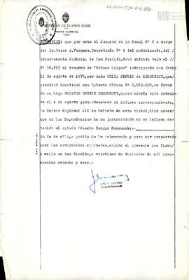 Certificado judicial sobre paradero de Eduardo Sergio Korsunsky en dependencias policiales