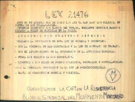 Panfleto de organismos de la CGT en resistencia y Montoneros "Ley 21.476"