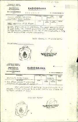 Radiograma con citación de la Policía Federal Argentina a Celia Jinkis de Korsunsky