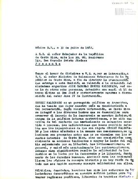 Carta de Carlos González Gartland para el Embajador de la República de Costa Rica ante los Estado...