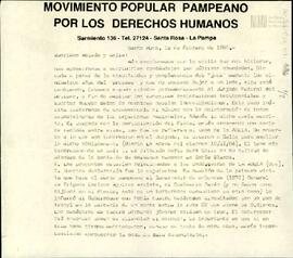 Carta del Movimiento Popular Pampeano por los Derechos Humanos a Celia Jinkis de Korsunsky y Mois...