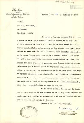 Carta a Celia Jinkis de Korsunsky del Secretario de la Corte Suprema de Justicia de la Nación