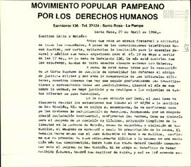 Carta del Movimiento Popular Pampeano por los Derechos Humanos para Celia Kinkis de Korsunsky y M...