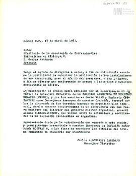 Carta de Carlos González Gartland para el Presidente de la Asociación de Corresponsales Extrajero...