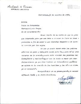 Carta del Arzobispado de Corrientes a Celia Jinkis de Korsunsky