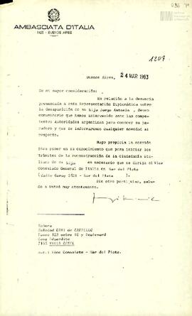 Carta de la Embajada de Italia en Argentina a Soledad Davi de Capello