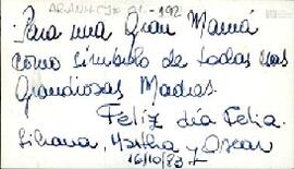 Tarjeta de Liliana, Martha y Oscar a Celia Jinkis de Korsunsky