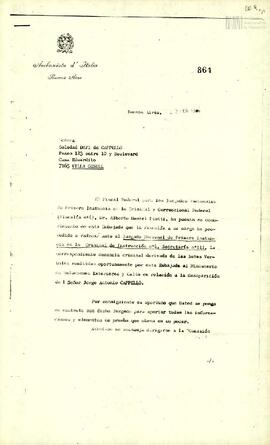 Carta de la Embajada de Italia a Davi de Capello, Soledad