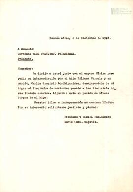 Carta de Cayetano Pellegrino a Monseñor Raúl Francisco Primatesta