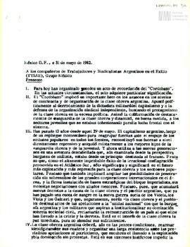 Carta de Carlos González Gartland para Trabajadores y Sindicalistas Argentinos en el Exilio (TYSAE)