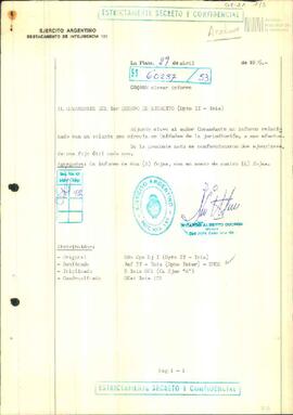 Nota del Jefe del Destacamento de Inteligencia 101 del Ejército Argentino al Comandante del I Cue...