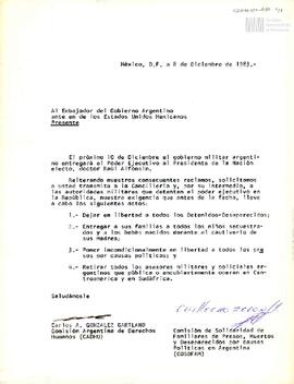 Carta de Carlos González Gartland y Guillermo Zeron para el Embajador Argentino ante los Estados ...