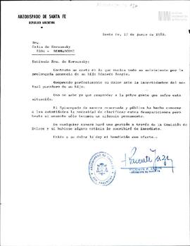 Carta del Arzobispado de Santa Fe a Celia Jinkis de Korsunsky