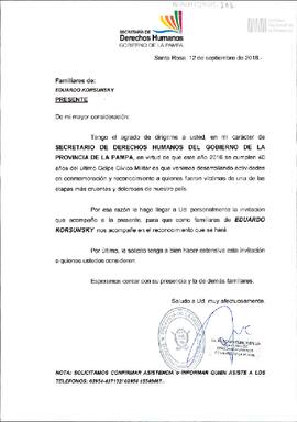 Invitación a la familia de Eduardo Sergio Korsunsky a un acto homenaje