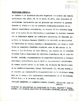 Comunicado de prensa de la Comisión Argentina de Derechos Humanos (CADHU) y la Comisión de Solida...